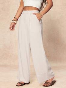 SHEIN PETITE Damen einfarbige plissierte weite Bein Lose Lässig Hose