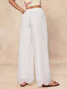 SHEIN PETITE Women Casual Eyelet Embroidery Cropped Pants, Suitable For Vacation And Outdoor, Spring/Summer Boho Chic Rave European Summer - White - View 2