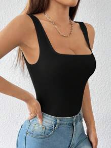SHEIN PETITE 純色寬肩帶基礎彈性白色緊身連身衣，適合嬌小女性 - 黑色 - 查看 5
