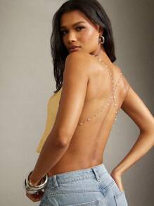 Denimoi Women's Print Decorate Chain Drapery Neck Top - Yellow - View 4