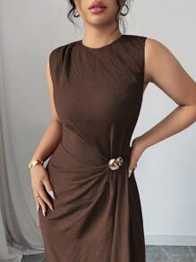 Selianne 女士优雅商务休闲太阳裙，纯色圆领收腰，金色金属扣装饰，无袖中长款，适合工作、度假、下午茶、春夏季 - 咖啡棕 - 查看 4