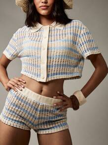 MISSGUIDED Bộ đồ bơi đi biển mùa hè cổ bẻ cài nút phía trước Polo Crop Top và quần short cạp cao Bộ đồ đi biển hồ bơi nghỉ dưỡng Bộ sưu tập xuân hè Đồ mặc nhà ngày lễ - Xanh và trắng - Xem 6