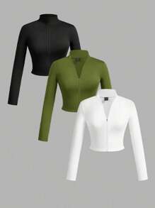 Slaydiva 3 件套简约休闲女式秋冬弹力半拉链 T 恤，V 领，紧身长袖，白色 + 黑色 + 灰色