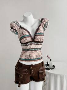 Elamini Camisa de mujer casual de estampado floral vintage, para el verano