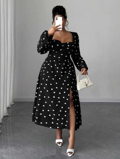 Maweii Plus Size Women's Elegant Waist Cinched Long Dress With Square Neck, Ruched Bust, High-Low Hem, Lantern Sleeves, Heart & Polka Dot Pattern, Black & White, Suitable For Commuting, Autumn/Winter/Spring