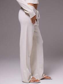 MUSERA Spodnie z niskim stanem, ściągaczem w pasie i szerokimi nogawkami, dzianinowe, codzienne, jesień, zima, na co dzień, do pracy, eleganckie, na wiosnę - Biały - Zobacz 3