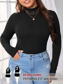 SHEIN PETITE CURVE 大码圆领纯色罗纹长袖休闲立领T恤 - 黑色 - 查看 1