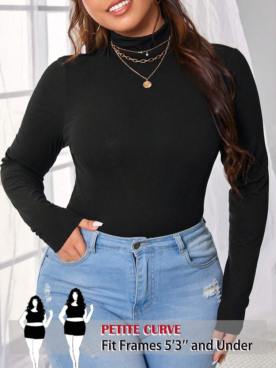 SHEIN PETITE CURVE 大码圆领纯色罗纹长袖休闲立领T恤 - 黑色 - 查看 1