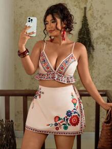 Travachic Plus Size Women's Summer Floral Print Shorts Set, Camisole Top With Ruffle Hem And Wrap Shorts 2pc Outfit Boho Festival Two Piece Outfit Summer  Embroidered Two Piece Set Boho Chic  Vacation Outfits Holiday Outfits   Urban Coastal Style Country Outfits Old Money Vintage Clothes Teacher Outfits Back To School Going Out Outfits Summer Two Piece Set Boho Two Piece Set - Apricot - View 5