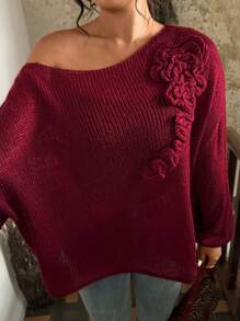 SHEIN VCAY Plus Size Women's Solid Color Voluminous Floral Decor Oblique Shoulder Pullover Sweater In Fall/Winter - Burgundy - View 7