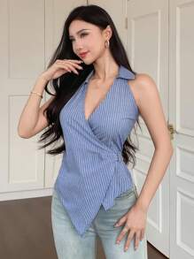 DAZY 女士休闲条纹腰带无袖翻领衬衫性感女式上衣外出上衣 - 淺藍色 - 查看 3