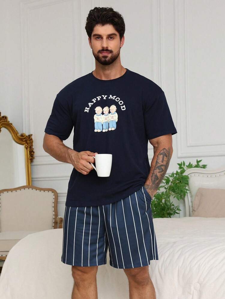 Details Pattern Letter Print Multi-Color T-Shirt Matched Men's Home Clothing Set Pajama