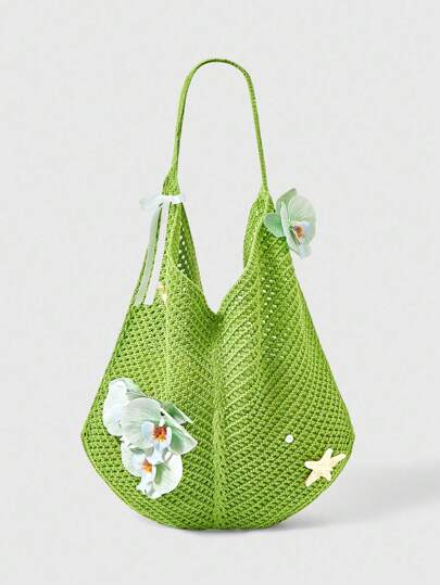 ROMWE Fairycore 1 Set Green Woven Beach Tote Bag & Accessory, Fashionable Personalized Beach Holiday Style Women's Tote Bag (Includes 1 Bag And 1 Set Of Accessories)