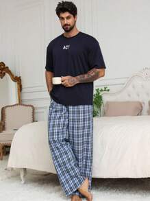 DAZY 男士字母印花T恤和配套休闲家居服套装、春夏睡衣 - 彩色 - 查看 3