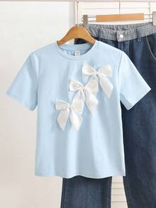 SHEIN 青少年女孩舒适休闲蓝色圆领 T 恤，大蝴蝶结设计，适合返校和校园穿着 - 淺藍色 - 查看 5