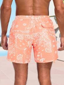 Surfspeed Men's Paisley Print Drawstring Waist Casual Beach Shorts, Summer Men Swimsuit Shorts Men Paisley Swim Trunks Men Orange Swim Trunks