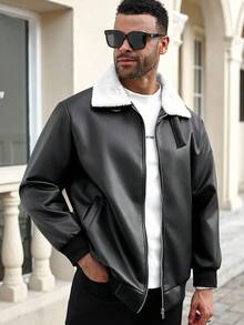 Manfinity Homme 男士加大码PU皮双层长袖休闲夹克，秋冬季保暖内衬夹克 - 黑色 - 查看 4