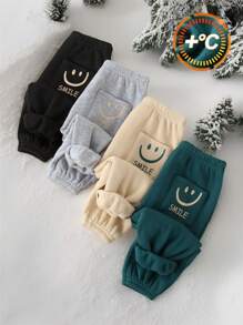 4pcs Baby Boys Colorful Smiling Face Knit Thermal Lined Warm Elastic Waist Ankle Cuff Pants, Suitable For Casual Wear, Outdoor, School, Fall/Winter Graphic - Multicolor - View 9