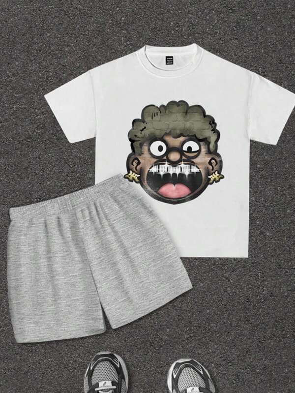 2pcs/Set Teen Boy Casual Classic Fashion Cute Explosion Head Cartoon Portrait Print Crew Neck Short Sleeve T-Shirt & Shorts, Suitable For Summer