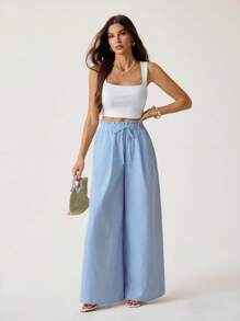 SHEIN Tall Damen-Freizeithose mit Taillenband, Streifenmuster, Taschen, weitem Bein, lockerem Schnitt und langer Passform, für große Frauen - Blau-Weiß - Übersicht 3