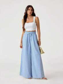 SHEIN Tall Damen-Freizeithose mit Taillenband, Streifenmuster, Taschen, weitem Bein, lockerem Schnitt und langer Passform, für große Frauen - Blau-Weiß - Übersicht 9