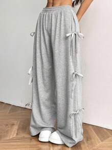 SHEIN EZwear Quần nỉ thể thao thường ngày rộng rãi có nơ trang trí cho nữ cỡ lớn - Xám - Xem 3