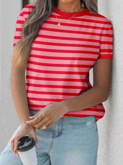 SHEIN LUNE Casual Striped Pattern Round Neck Short Sleeve Loose Women T-Shirt, Suitable For Summer Suitable For Going Out