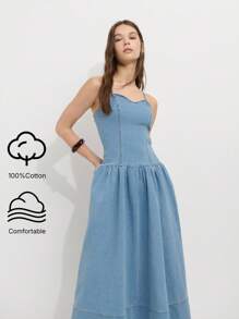 Nöista Vestido midi de mezclilla con escote en forma de corazón, tirantes finos y corbata en la cintura. Un básico de verano, ideal para días de playa, atuendos del 4 de julio o planes de fin de semana informales.