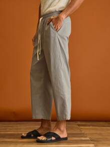 Musero Calça com Cintura Elástica, Perna Reta, Detalhes de Cordão, Primavera Verão Férias - Cinza Claro - Visão 3