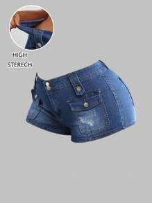 SHEIN EZwear 大码女款工装口袋破洞紧身休闲牛仔短裤 7 月 4 日夏季 7 月 4 日牛仔女郎西部度假学校音乐会教师复古夏威夷狂欢街头服饰女士旧钱风格女士 Y2k 哥特垃圾辣妹 - 藍色 - 查看 1
