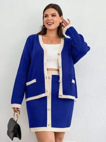 EURMUSE Contrast Trim Drop Shoulder Cardigan & Knit Skirt - Royal Blue - View 1