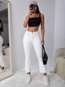 SHEIN EZwear Frayed Hem Flare Leg Jeans - White - View 3