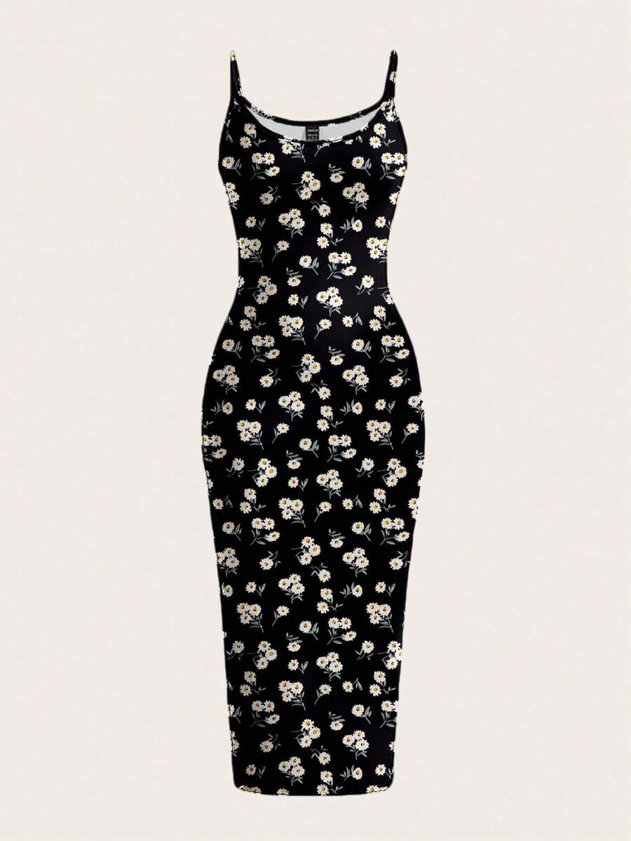 SHEIN EZwear 休闲简约黑底白雏菊全印花女式修身细肩带长裙，适合夏季度假