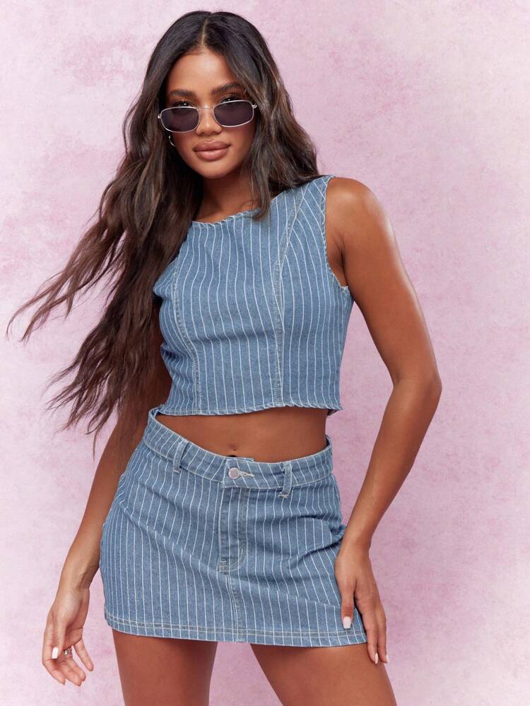 MISSGUIDED Vintage Style Denim Co Ord With Pinstripe Pattern