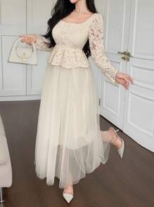 DAZY Women's Elegant Lace Patchwork Square Collar Puff Sleeve Midi Dress,Fall Dress Long Sleeve Dress - Beige - View 9