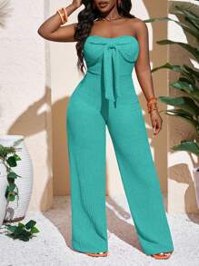 Slaydiva 新款春夏休闲度假性感优雅抹胸蝴蝶结直筒阔腿超长裤橙色针织女式连体裤 - 薄荷藍 - 查看 5