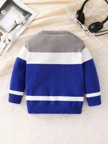 1 件年轻男孩休闲舒适时尚简约实用百搭扭纹拼色圆领毛衣，适合男孩毛衣、毛衣、学校、返校、男孩、日常穿着，适合秋冬季 - 藍色 - 查看 2