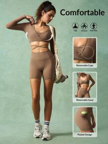 VARSIVA Damen Einfarben V-Ausschnitt Top mit Kreuzgurt Langarm und Shorts enge Sportanzüge - Kaffeebraun - Übersicht 5
