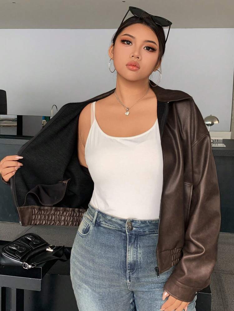 Dazy Plus Spring & Autumn New Vintage Style Short Faux Leather Jacket For Women, Plus Size Regular Fit Bomber Jacket For Valentine's Day,Fall Women Clothes Women Coats