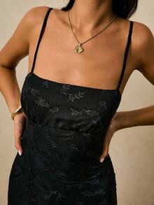 Vestido midi elegante sin mangas con cintura drapeada y estampado floral jacquard para mujeres en verano - Negro - Ver 5
