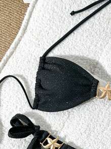 SHEIN Swim 女士金属海星连接金属紧身面料设计吊带比基尼套装 - 黑色 - 查看 5