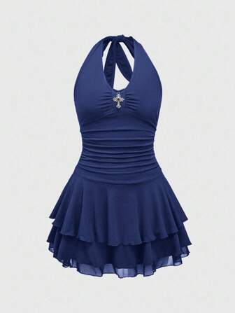 J-Fashion Abito mini multistrato con decorazione a croce e collo ad aletta, di stile punk, per taglie forti