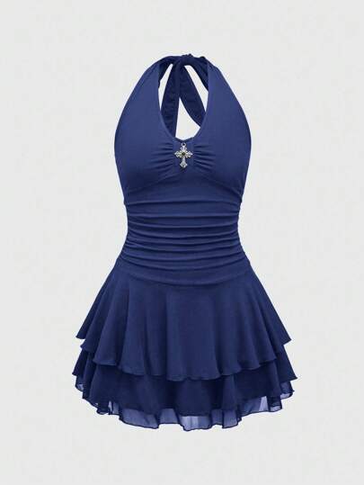 J-Fashion Abito mini multistrato con decorazione a croce e collo ad aletta, di stile punk, per taglie forti