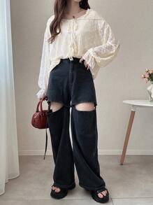 FRIFUL 女式蕾丝连帽宽松上衣，秋季 - 米色 - 查看 2