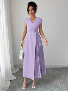 Elenzga 女士优雅简约 V 领腰部褶皱下摆落肩长裙，适合通勤、办公室、商务、休闲、度假、下午茶，纯色 - 淡紫色 - 查看 5