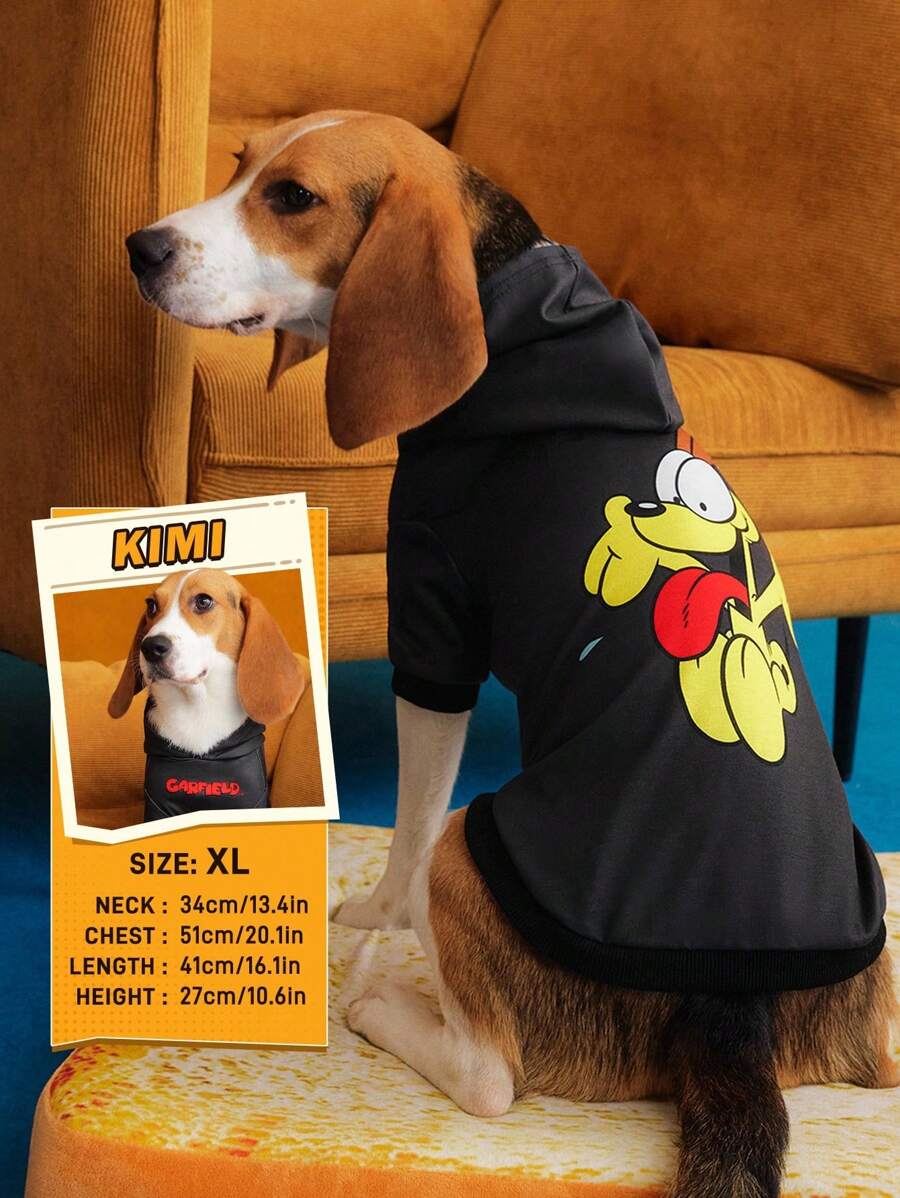 GARFIELD | SHEIN 1 chiếc áo nỉ trùm đầu in hình chú chó, quần áo cho mèo, quần áo cho chó, kích cỡ XXS-XXXXL, cực nhỏ, cực lớn - màu đen - Xem 1