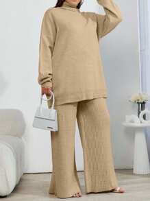 EURMUSE 2pcs High Neck Drop Shoulder Sweater And Ribbed Solid Color Sweater Pants - Camel - View 5