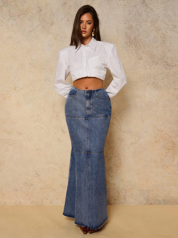 COSMINA 2000 年代女士休闲日常水洗牛仔鱼尾 A 字裙长款牛仔裙，夏季/秋季女装 - 深色水洗藍 - 查看 4