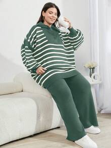 EURMUSE Bộ 3 món áo len cardigan trễ vai họa tiết răng sói và quần dài cho nữ - Màu xanh Bạc hà - Xem 1