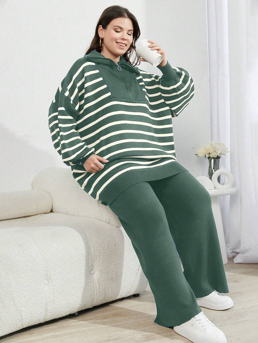 EURMUSE Bộ 3 món áo len cardigan trễ vai họa tiết răng sói và quần dài cho nữ - Màu xanh Bạc hà - Xem 1